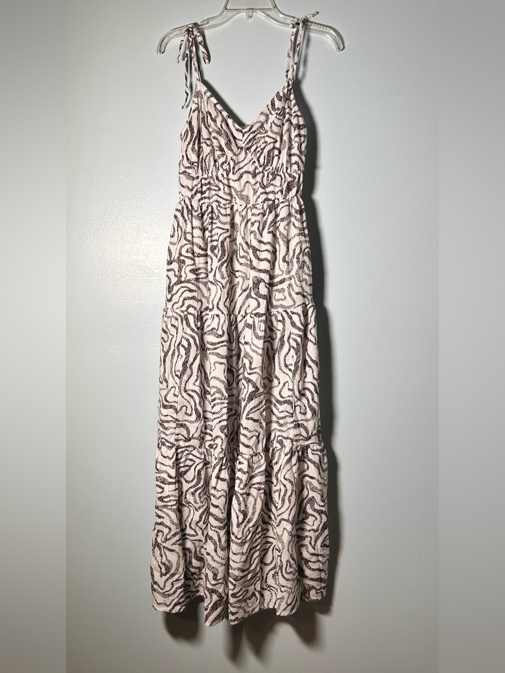 Tie-Shoulder Tiered Maxi Dress in Blush and Brown